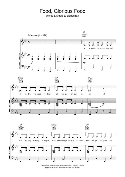 Preview Lionel Bart Food, Glorious Food (from Oliver!) Musicals sheet music, notes and chords for Piano, Vocal & Guitar (Right-Hand Melody), SKU: 15868 sheet music, piano notes, chords, guitar tabs, score, transpose, transcribe, how to play, guide, download, learn, tutorial, progression, song, artist, awards, billboard, mtv, vh1, tour, single, album, release