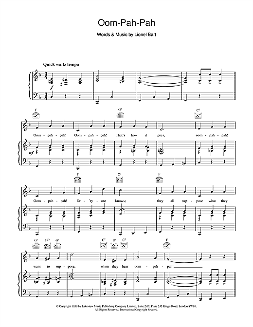 Preview Lionel Bart Oom-Pah-Pah (from Oliver!) Musicals sheet music, notes and chords for Piano, Vocal & Guitar (Right-Hand Melody), SKU: 15869 sheet music, piano notes, chords, guitar tabs, score, transpose, transcribe, how to play, guide, download, learn, tutorial, progression, song, artist, awards, billboard, mtv, vh1, tour, single, album, release