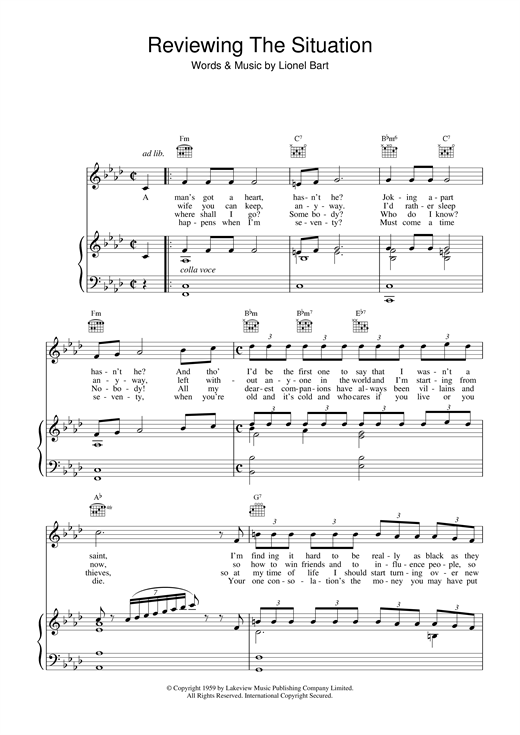 Preview Lionel Bart Reviewing The Situation (from Oliver!) Musicals sheet music, notes and chords for Piano, Vocal & Guitar (Right-Hand Melody), SKU: 15871 sheet music, piano notes, chords, guitar tabs, score, transpose, transcribe, how to play, guide, download, learn, tutorial, progression, song, artist, awards, billboard, mtv, vh1, tour, single, album, release