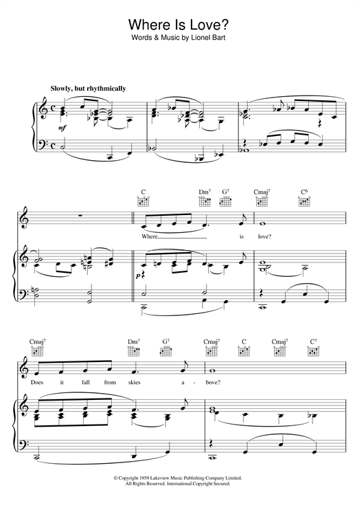 Preview Lionel Bart Where Is Love? (from Oliver!) Musicals sheet music, notes and chords for Piano, Vocal & Guitar (Right-Hand Melody), SKU: 15872 sheet music, piano notes, chords, guitar tabs, score, transpose, transcribe, how to play, guide, download, learn, tutorial, progression, song, artist, awards, billboard, mtv, vh1, tour, single, album, release