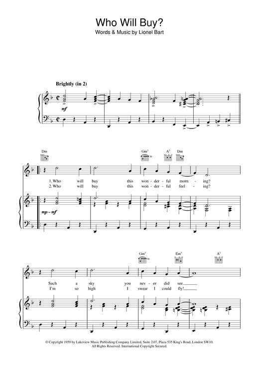 Preview Lionel Bart Who Will Buy (from Oliver!) Musicals sheet music, notes and chords for Piano, Vocal & Guitar (Right-Hand Melody), SKU: 15873 sheet music, piano notes, chords, guitar tabs, score, transpose, transcribe, how to play, guide, download, learn, tutorial, progression, song, artist, awards, billboard, mtv, vh1, tour, single, album, release