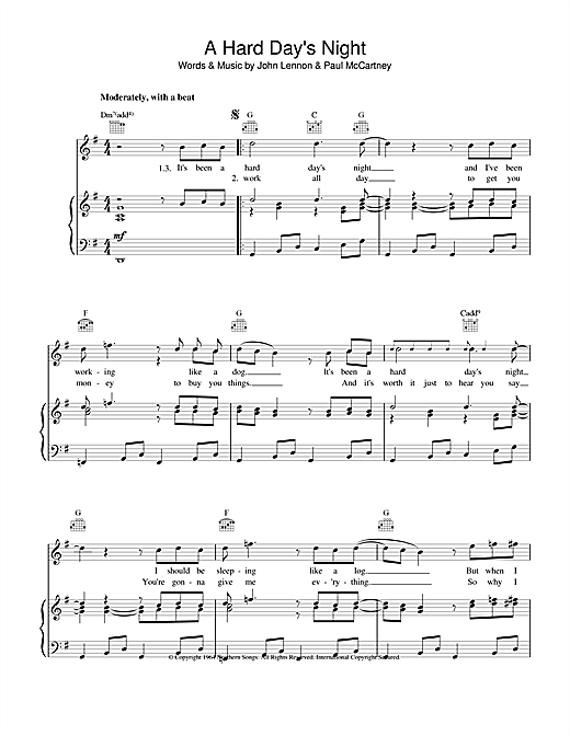 Preview The Beatles A Hard Day's Night Rock sheet music, notes and chords for Piano, Vocal & Guitar (Right-Hand Melody), SKU: 15874 sheet music, piano notes, chords, guitar tabs, score, transpose, transcribe, how to play, guide, download, learn, tutorial, progression, song, artist, awards, billboard, mtv, vh1, tour, single, album, release