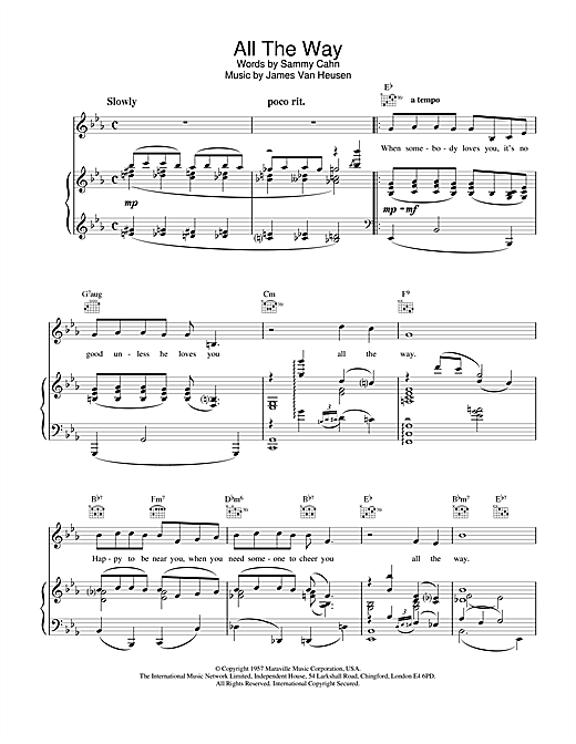 Preview Jimmy Van Heusen All The Way Pop sheet music, notes and chords for Piano, Vocal & Guitar (Right-Hand Melody), SKU: 15876 sheet music, piano notes, chords, guitar tabs, score, transpose, transcribe, how to play, guide, download, learn, tutorial, progression, song, artist, awards, billboard, mtv, vh1, tour, single, album, release
