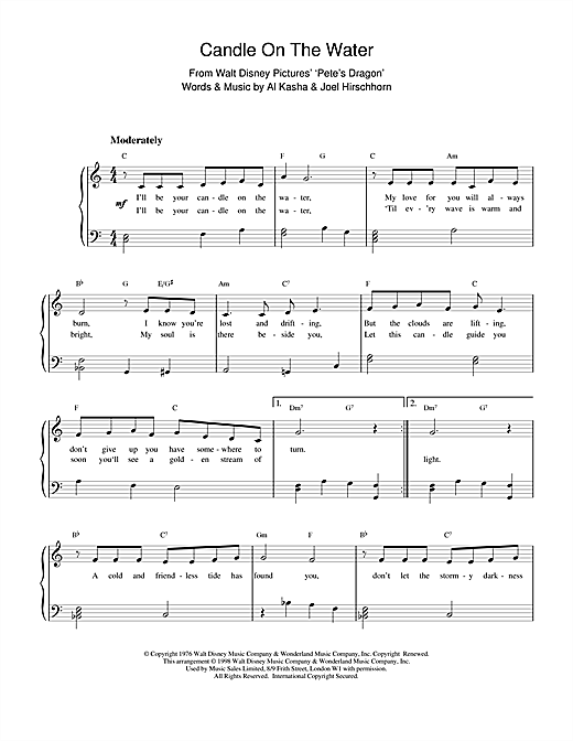 Preview Kasha & Hirschhorn Candle On The Water (from Walt Disney's Pete's Dragon) Children sheet music, notes and chords for Piano, SKU: 15878 sheet music, piano notes, chords, guitar tabs, score, transpose, transcribe, how to play, guide, download, learn, tutorial, progression, song, artist, awards, billboard, mtv, vh1, tour, single, album, release