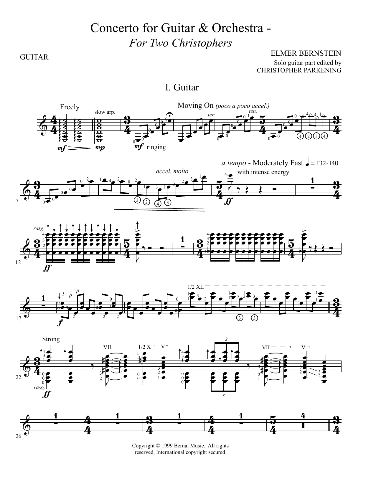 Preview Elmer Bernstein Concerto For Guitar And Orchestra - For Two Christophers Concert sheet music, notes and chords for Guitar Tab, SKU: 158849 sheet music, piano notes, chords, guitar tabs, score, transpose, transcribe, how to play, guide, download, learn, tutorial, progression, song, artist, awards, billboard, mtv, vh1, tour, single, album, release