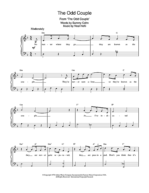 Preview Neal Hefti Theme from The Odd Couple Film and TV sheet music, notes and chords for Piano, SKU: 15885 sheet music, piano notes, chords, guitar tabs, score, transpose, transcribe, how to play, guide, download, learn, tutorial, progression, song, artist, awards, billboard, mtv, vh1, tour, single, album, release