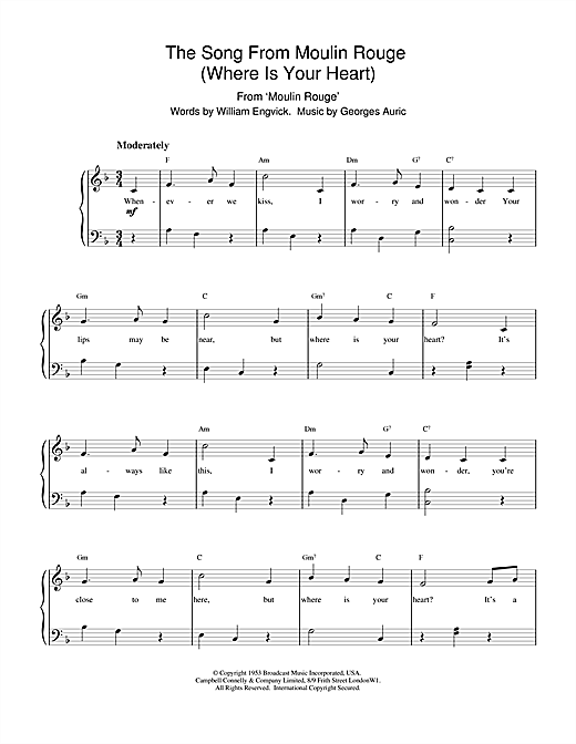 Preview Engvick & Auric Where Is Your Heart (from Moulin Rouge) Film and TV sheet music, notes and chords for Piano, SKU: 15886 sheet music, piano notes, chords, guitar tabs, score, transpose, transcribe, how to play, guide, download, learn, tutorial, progression, song, artist, awards, billboard, mtv, vh1, tour, single, album, release