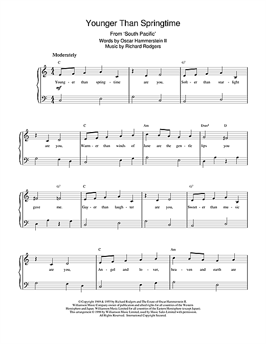Preview Rodgers & Hammerstein Younger Than Springtime (from South Pacific) Musicals sheet music, notes and chords for Beginner Piano, SKU: 15889 sheet music, piano notes, chords, guitar tabs, score, transpose, transcribe, how to play, guide, download, learn, tutorial, progression, song, artist, awards, billboard, mtv, vh1, tour, single, album, release