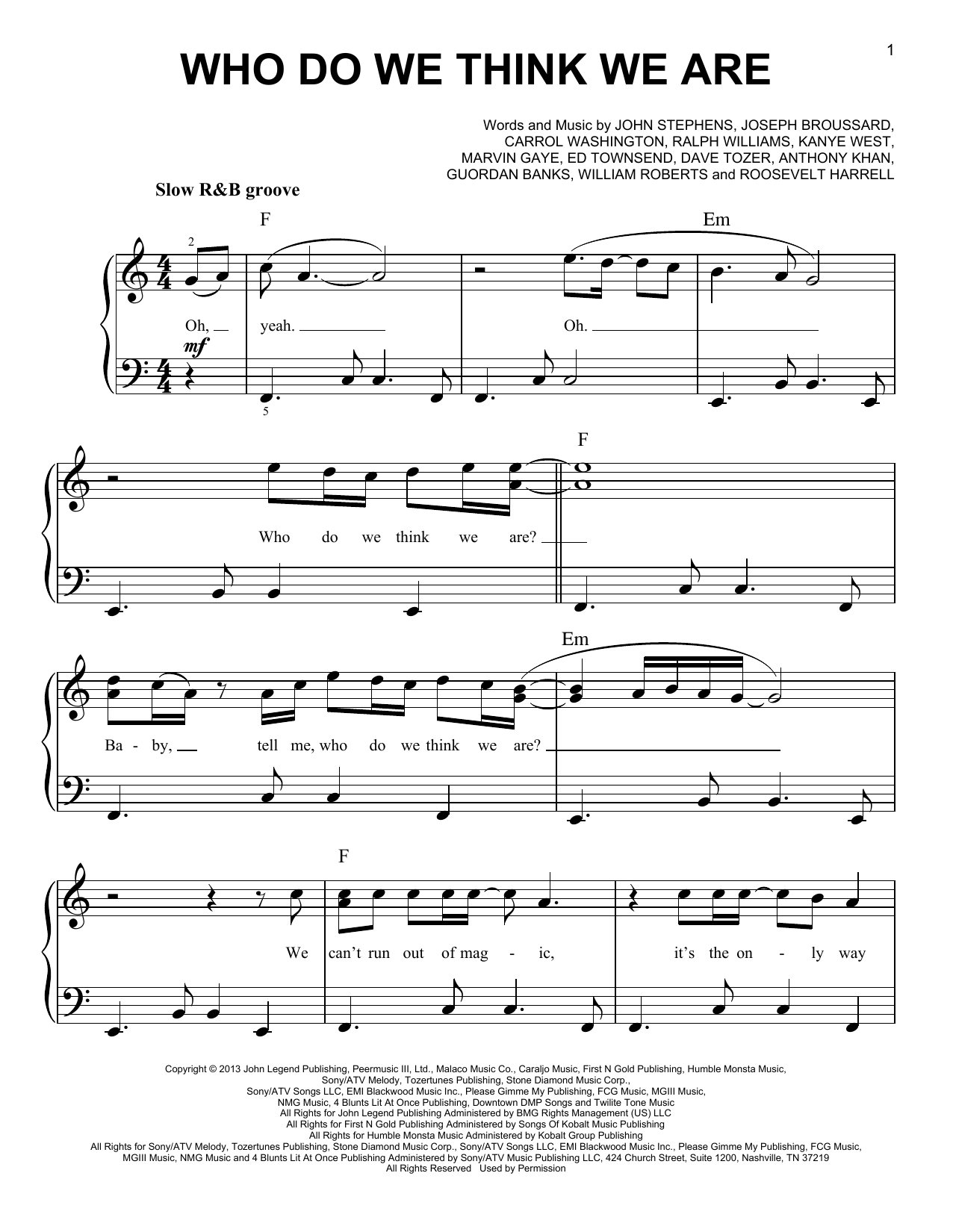Preview John Legend Who Do We Think We Are Pop sheet music, notes and chords for Easy Piano, SKU: 158950 sheet music, piano notes, chords, guitar tabs, score, transpose, transcribe, how to play, guide, download, learn, tutorial, progression, song, artist, awards, billboard, mtv, vh1, tour, single, album, release
