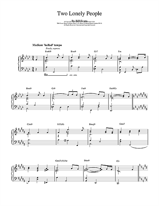 Preview Bill Evans Two Lonely People Jazz sheet music, notes and chords for Piano, SKU: 15902 sheet music, piano notes, chords, guitar tabs, score, transpose, transcribe, how to play, guide, download, learn, tutorial, progression, song, artist, awards, billboard, mtv, vh1, tour, single, album, release