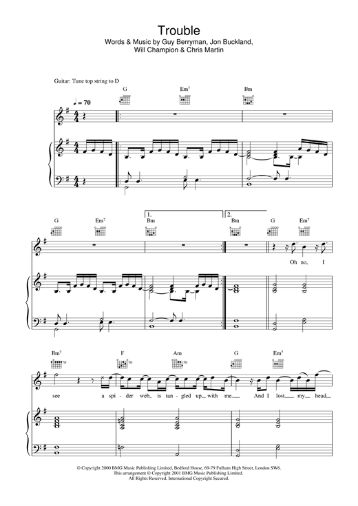 Preview Coldplay Trouble Pop sheet music, notes and chords for Piano, Vocal & Guitar, SKU: 15905 sheet music, piano notes, chords, guitar tabs, score, transpose, transcribe, how to play, guide, download, learn, tutorial, progression, song, artist, awards, billboard, mtv, vh1, tour, single, album, release