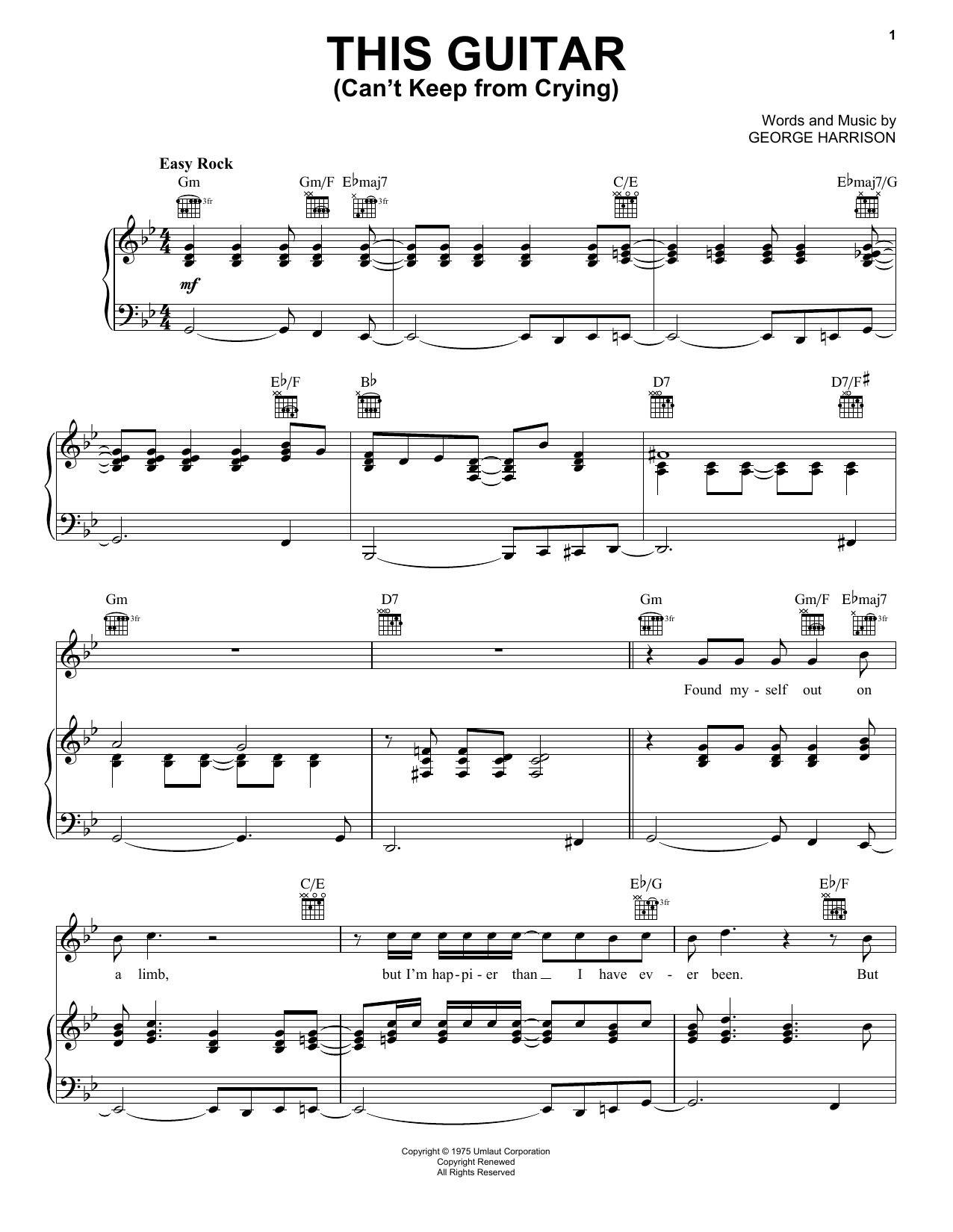 Preview George Harrison This Guitar (Can't Keep From Crying) Pop sheet music, notes and chords for Piano, Vocal & Guitar (Right-Hand Melody), SKU: 159380 sheet music, piano notes, chords, guitar tabs, score, transpose, transcribe, how to play, guide, download, learn, tutorial, progression, song, artist, awards, billboard, mtv, vh1, tour, single, album, release