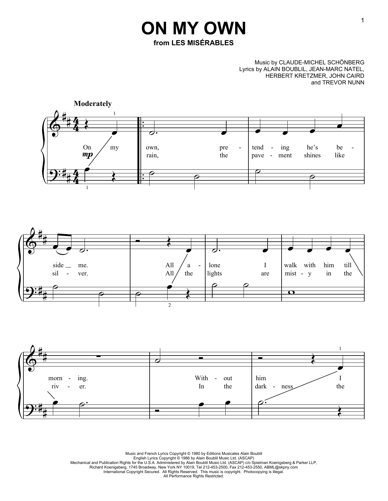 Preview Claude-Michel Schonberg On My Own Musicals sheet music, notes and chords for Very Easy Piano, SKU: 159486 sheet music, piano notes, chords, guitar tabs, score, transpose, transcribe, how to play, guide, download, learn, tutorial, progression, song, artist, awards, billboard, mtv, vh1, tour, single, album, release
