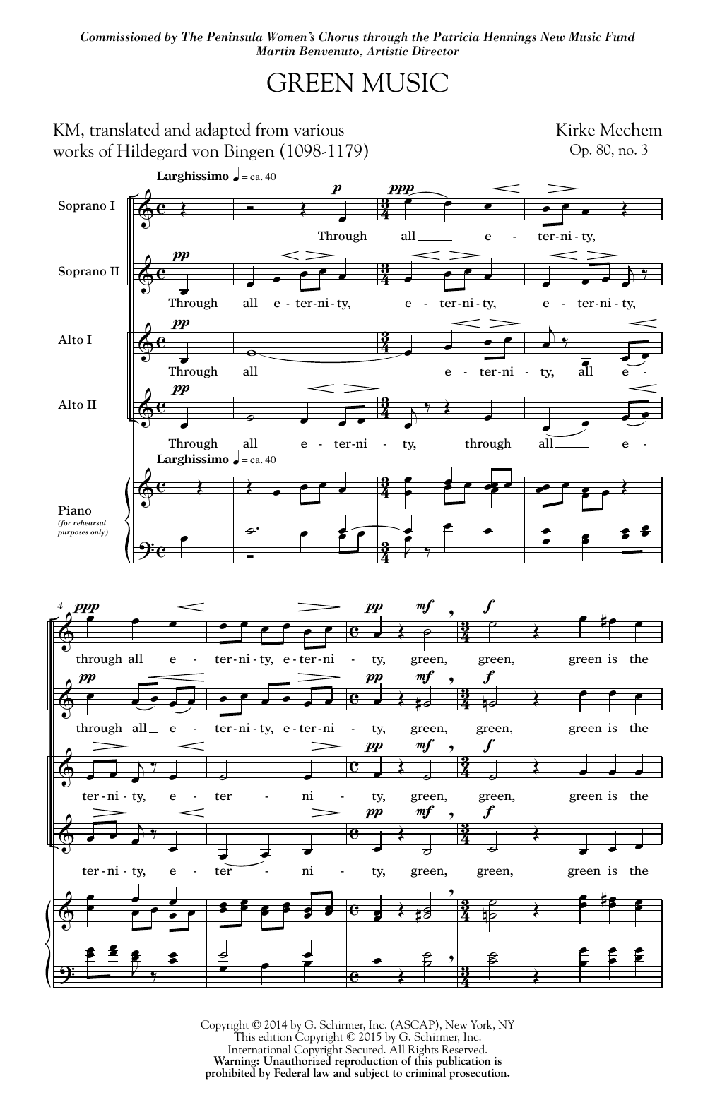 Preview Kirke Mechem Green Music Festival sheet music, notes and chords for SSAA, SKU: 159804 sheet music, piano notes, chords, guitar tabs, score, transpose, transcribe, how to play, guide, download, learn, tutorial, progression, song, artist, awards, billboard, mtv, vh1, tour, single, album, release