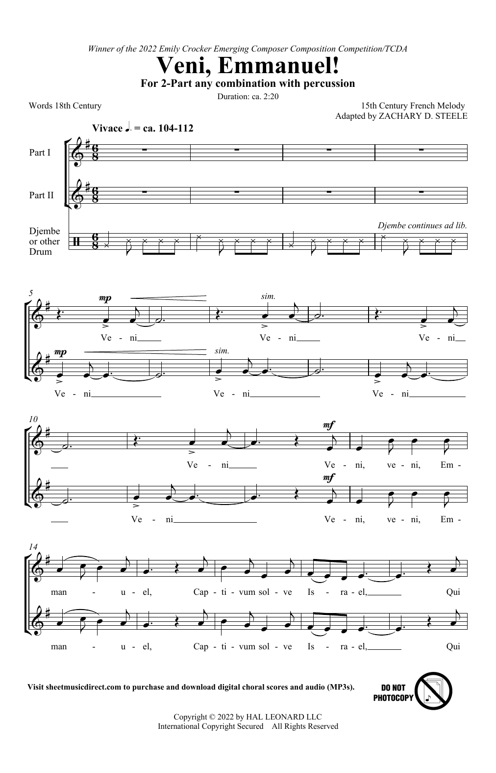15th Century French Melody Veni, Emmanuel! (arr. Zachary Steele) sheet music notes and chords. Download Printable PDF.