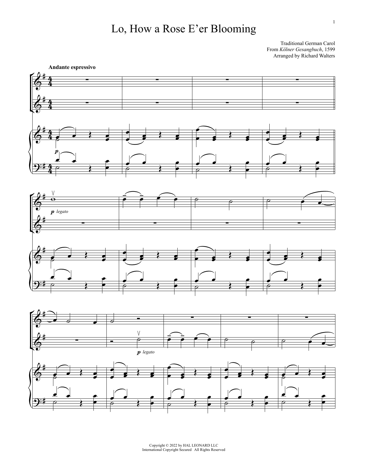 15th Century German Carol Lo, How A Rose E'er Blooming (for Violin Duet and Piano) sheet music notes and chords. Download Printable PDF.