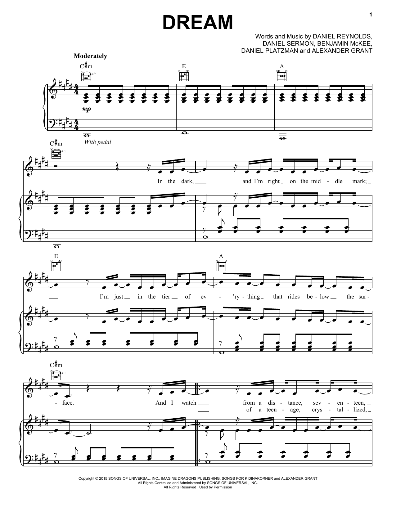 Preview Imagine Dragons Dream Pop sheet music, notes and chords for Piano, Vocal & Guitar (Right-Hand Melody), SKU: 160564 sheet music, piano notes, chords, guitar tabs, score, transpose, transcribe, how to play, guide, download, learn, tutorial, progression, song, artist, awards, billboard, mtv, vh1, tour, single, album, release