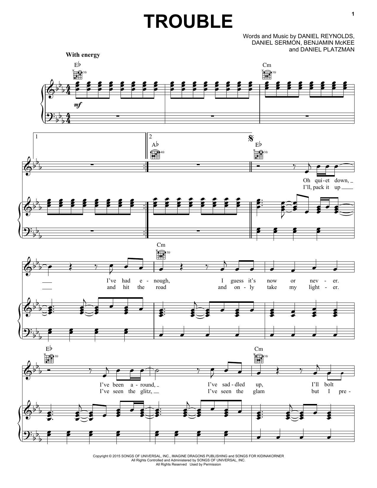 Preview Imagine Dragons Trouble Pop sheet music, notes and chords for Piano, Vocal & Guitar (Right-Hand Melody), SKU: 160574 sheet music, piano notes, chords, guitar tabs, score, transpose, transcribe, how to play, guide, download, learn, tutorial, progression, song, artist, awards, billboard, mtv, vh1, tour, single, album, release
