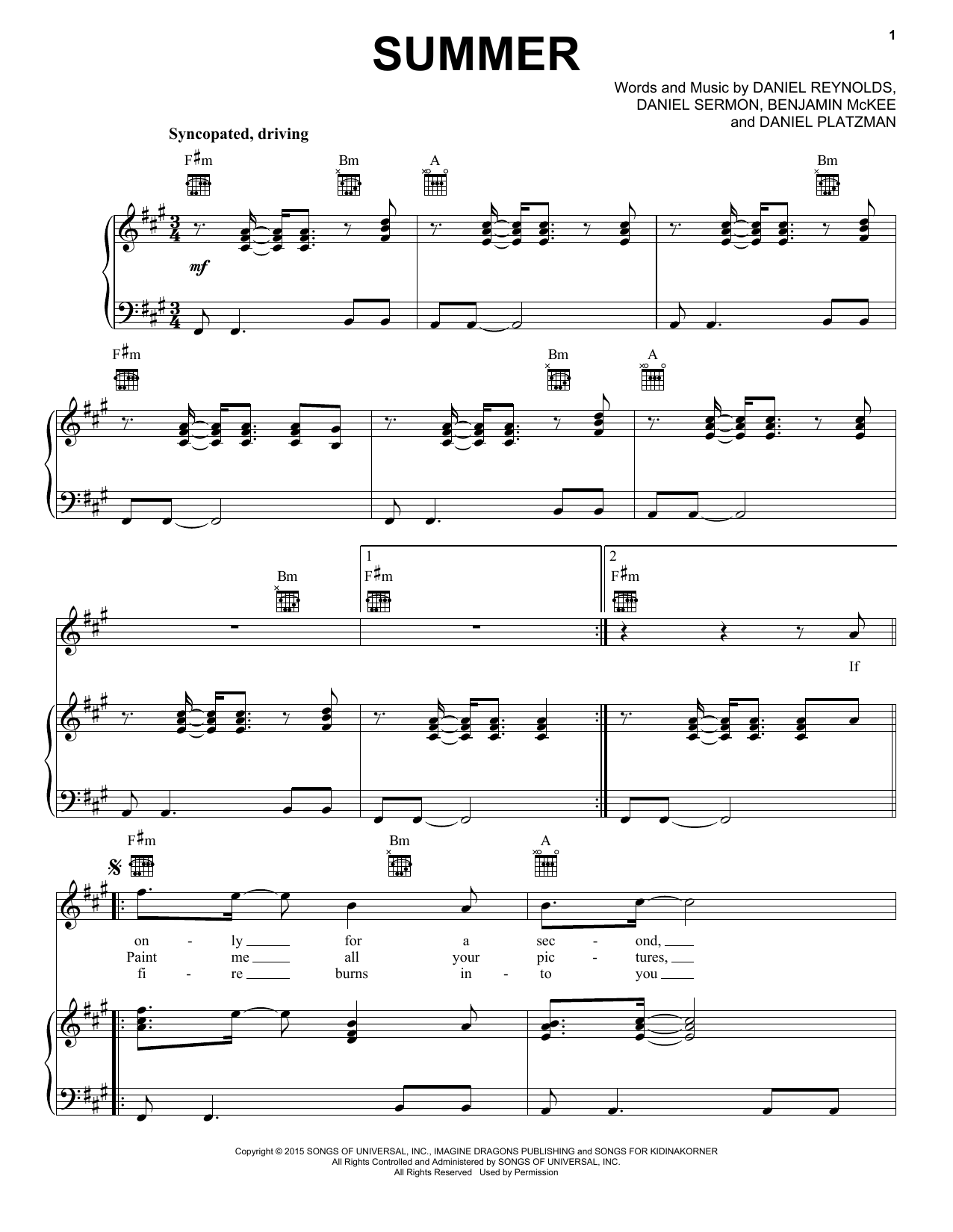 Preview Imagine Dragons Summer Pop sheet music, notes and chords for Piano, Vocal & Guitar (Right-Hand Melody), SKU: 160575 sheet music, piano notes, chords, guitar tabs, score, transpose, transcribe, how to play, guide, download, learn, tutorial, progression, song, artist, awards, billboard, mtv, vh1, tour, single, album, release