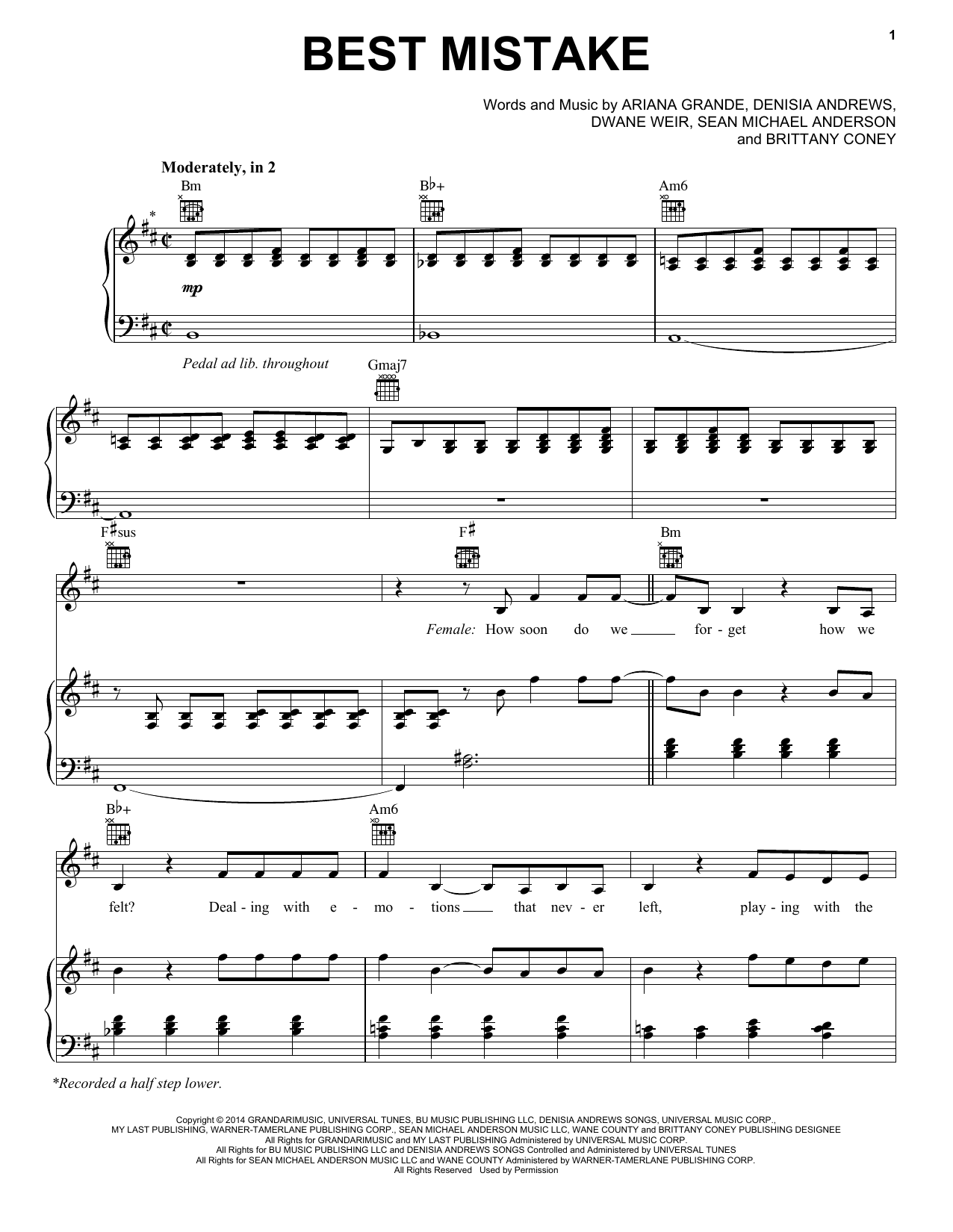 Preview Ariana Grande Best Mistake Pop sheet music, notes and chords for Piano, Vocal & Guitar (Right-Hand Melody), SKU: 161002 sheet music, piano notes, chords, guitar tabs, score, transpose, transcribe, how to play, guide, download, learn, tutorial, progression, song, artist, awards, billboard, mtv, vh1, tour, single, album, release
