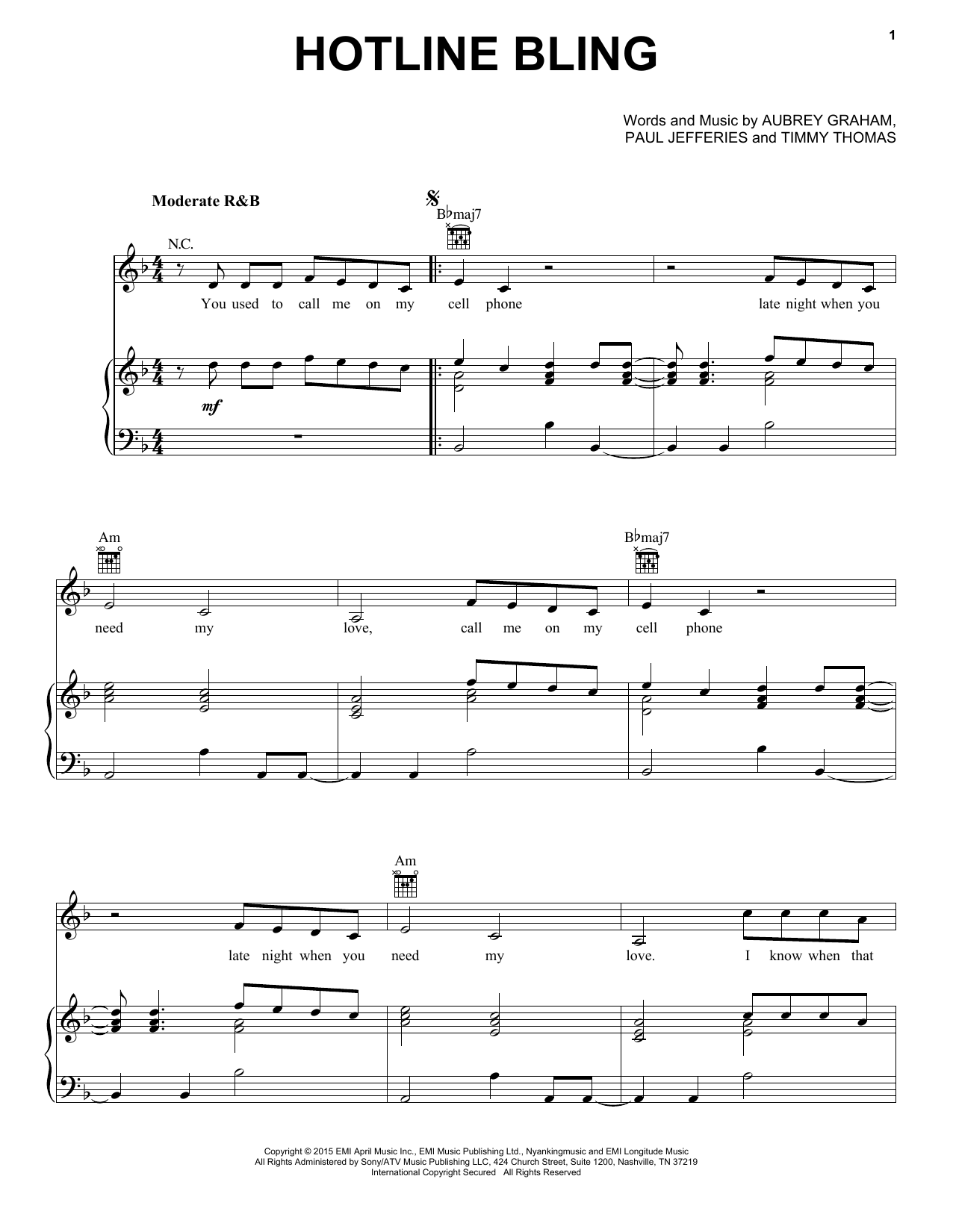 Preview Drake Hotline Bling Pop sheet music, notes and chords for Piano, Vocal & Guitar (Right-Hand Melody), SKU: 162164 sheet music, piano notes, chords, guitar tabs, score, transpose, transcribe, how to play, guide, download, learn, tutorial, progression, song, artist, awards, billboard, mtv, vh1, tour, single, album, release