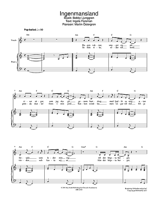 Preview Jan Johansen Ingenmansland Pop sheet music, notes and chords for Piano, Vocal & Guitar, SKU: 16228 sheet music, piano notes, chords, guitar tabs, score, transpose, transcribe, how to play, guide, download, learn, tutorial, progression, song, artist, awards, billboard, mtv, vh1, tour, single, album, release