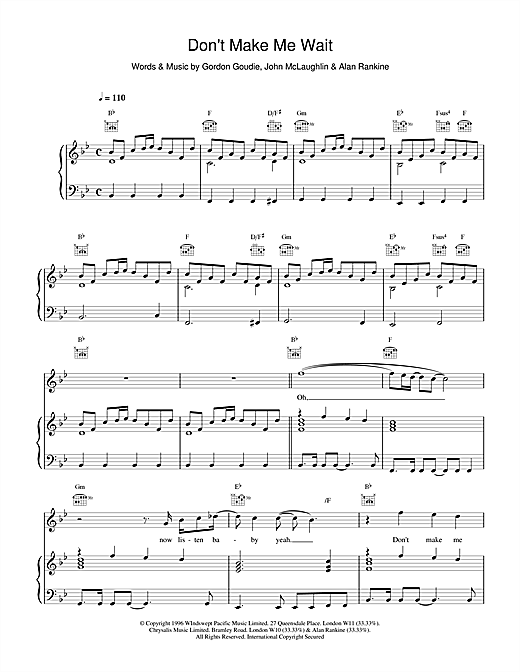 Preview 911 Don't Make Me Wait Pop sheet music, notes and chords for Piano, Vocal & Guitar (Right-Hand Melody), SKU: 16250 sheet music, piano notes, chords, guitar tabs, score, transpose, transcribe, how to play, guide, download, learn, tutorial, progression, song, artist, awards, billboard, mtv, vh1, tour, single, album, release