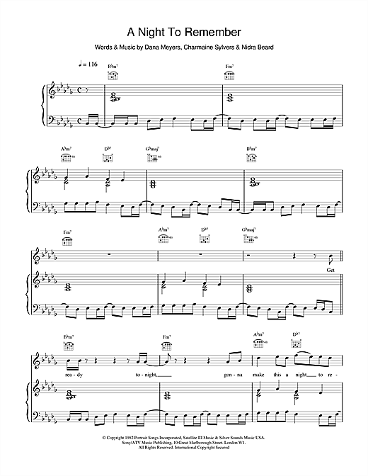 Preview 911 A Night To Remember Pop sheet music, notes and chords for Piano, Vocal & Guitar (Right-Hand Melody), SKU: 16252 sheet music, piano notes, chords, guitar tabs, score, transpose, transcribe, how to play, guide, download, learn, tutorial, progression, song, artist, awards, billboard, mtv, vh1, tour, single, album, release