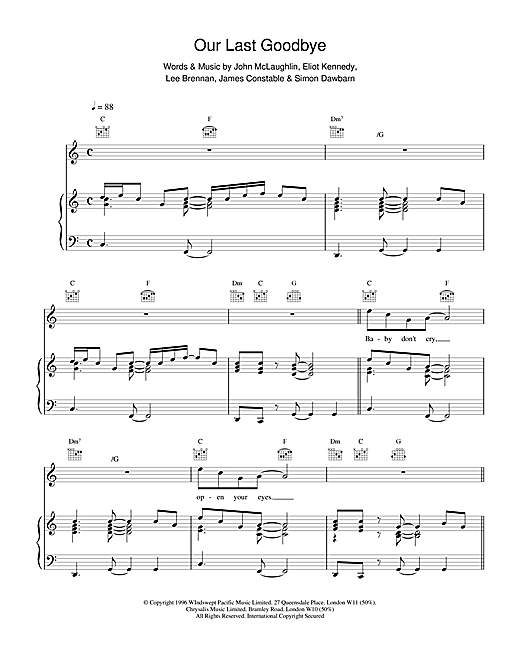 Preview 911 Our Last Goodbye Pop sheet music, notes and chords for Piano, Vocal & Guitar (Right-Hand Melody), SKU: 16254 sheet music, piano notes, chords, guitar tabs, score, transpose, transcribe, how to play, guide, download, learn, tutorial, progression, song, artist, awards, billboard, mtv, vh1, tour, single, album, release