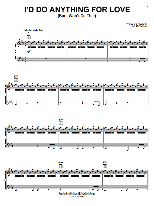 Preview Meat Loaf I'd Do Anything For Love (But I Won't Do That) Rock sheet music, notes and chords for Piano, Vocal & Guitar (Right-Hand Melody), SKU: 16267 sheet music, piano notes, chords, guitar tabs, score, transpose, transcribe, how to play, guide, download, learn, tutorial, progression, song, artist, awards, billboard, mtv, vh1, tour, single, album, release