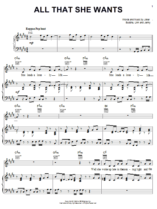 Preview Ace Of Base All That She Wants Rock sheet music, notes and chords for Piano, Vocal & Guitar (Right-Hand Melody), SKU: 16268 sheet music, piano notes, chords, guitar tabs, score, transpose, transcribe, how to play, guide, download, learn, tutorial, progression, song, artist, awards, billboard, mtv, vh1, tour, single, album, release