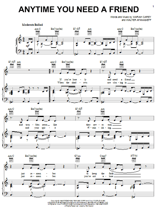 Preview Mariah Carey Anytime You Need A Friend R & B sheet music, notes and chords for Piano, Vocal & Guitar (Right-Hand Melody), SKU: 16269 sheet music, piano notes, chords, guitar tabs, score, transpose, transcribe, how to play, guide, download, learn, tutorial, progression, song, artist, awards, billboard, mtv, vh1, tour, single, album, release