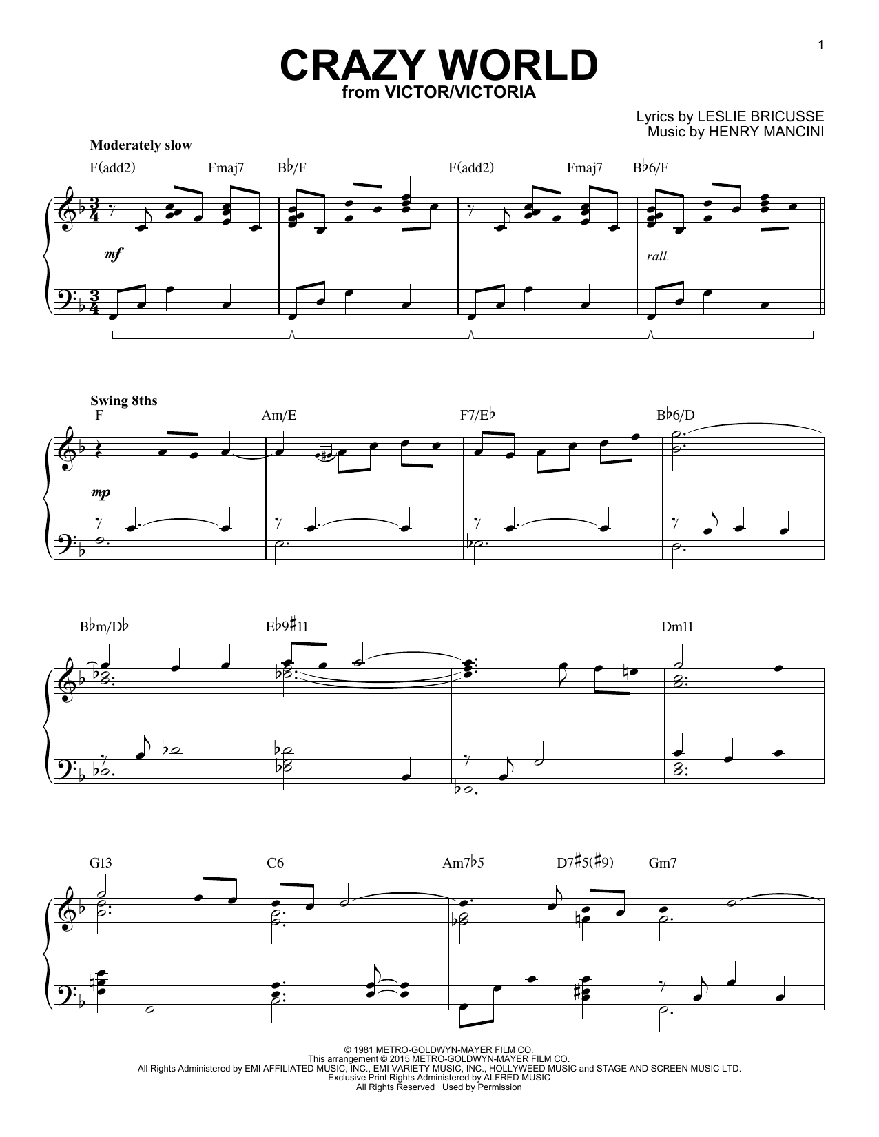 Preview Henry Mancini Crazy World Jazz sheet music, notes and chords for Piano, SKU: 162706 sheet music, piano notes, chords, guitar tabs, score, transpose, transcribe, how to play, guide, download, learn, tutorial, progression, song, artist, awards, billboard, mtv, vh1, tour, single, album, release