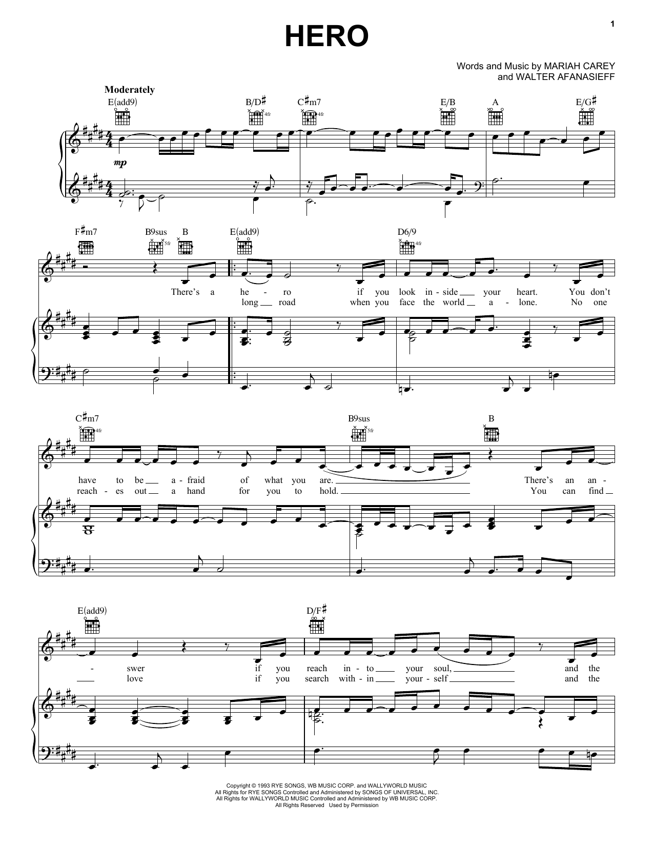 Preview Mariah Carey Hero Ballad sheet music, notes and chords for Piano, Vocal & Guitar (Right-Hand Melody), SKU: 16270 sheet music, piano notes, chords, guitar tabs, score, transpose, transcribe, how to play, guide, download, learn, tutorial, progression, song, artist, awards, billboard, mtv, vh1, tour, single, album, release