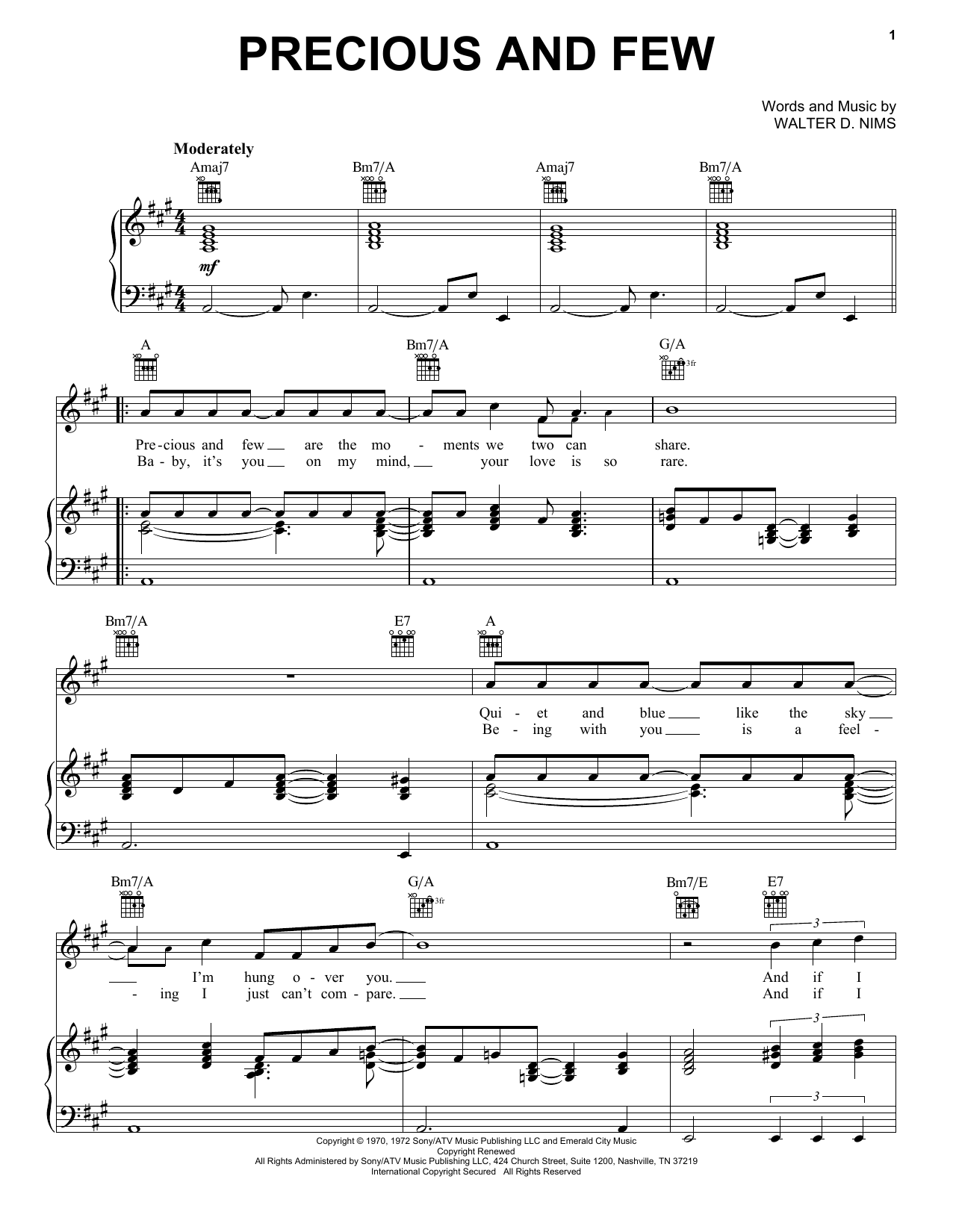 Preview Climax Precious And Few Folk sheet music, notes and chords for Piano, Vocal & Guitar (Right-Hand Melody), SKU: 16271 sheet music, piano notes, chords, guitar tabs, score, transpose, transcribe, how to play, guide, download, learn, tutorial, progression, song, artist, awards, billboard, mtv, vh1, tour, single, album, release