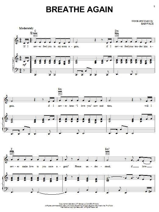 Preview Toni Braxton Breathe Again Pop sheet music, notes and chords for Piano, Vocal & Guitar (Right-Hand Melody), SKU: 16272 sheet music, piano notes, chords, guitar tabs, score, transpose, transcribe, how to play, guide, download, learn, tutorial, progression, song, artist, awards, billboard, mtv, vh1, tour, single, album, release