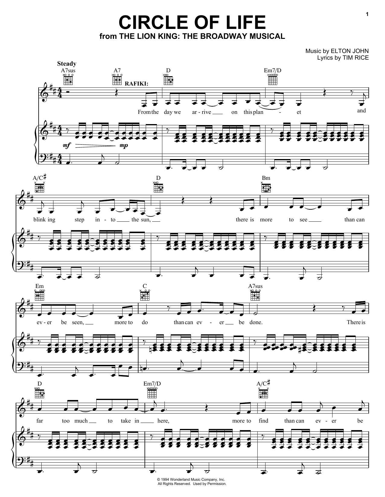 Preview Elton John Circle Of Life Pop sheet music, notes and chords for Piano, Vocal & Guitar (Right-Hand Melody), SKU: 16275 sheet music, piano notes, chords, guitar tabs, score, transpose, transcribe, how to play, guide, download, learn, tutorial, progression, song, artist, awards, billboard, mtv, vh1, tour, single, album, release