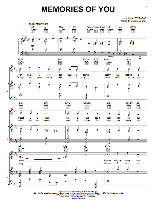 Preview Rosemary Clooney Memories Of You Pop sheet music, notes and chords for Piano, Vocal & Guitar (Right-Hand Melody), SKU: 16284 sheet music, piano notes, chords, guitar tabs, score, transpose, transcribe, how to play, guide, download, learn, tutorial, progression, song, artist, awards, billboard, mtv, vh1, tour, single, album, release