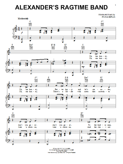 Preview Irving Berlin Alexander's Ragtime Band Jazz sheet music, notes and chords for Piano, Vocal & Guitar (Right-Hand Melody), SKU: 16291 sheet music, piano notes, chords, guitar tabs, score, transpose, transcribe, how to play, guide, download, learn, tutorial, progression, song, artist, awards, billboard, mtv, vh1, tour, single, album, release