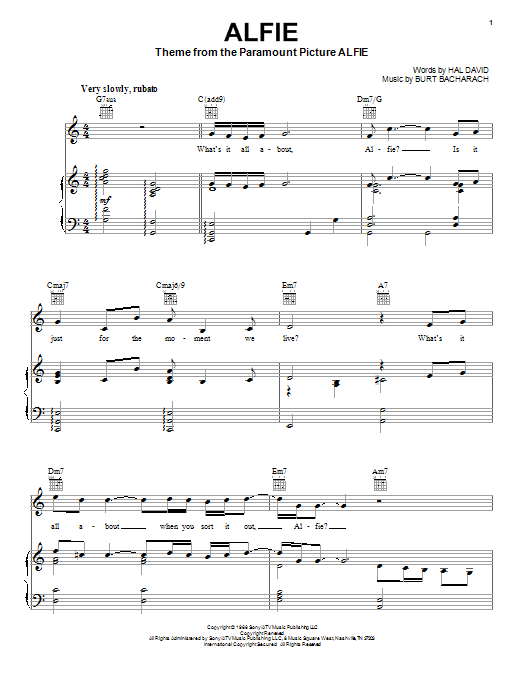 Preview Bacharach & David Alfie Film and TV sheet music, notes and chords for Piano, Vocal & Guitar (Right-Hand Melody), SKU: 16292 sheet music, piano notes, chords, guitar tabs, score, transpose, transcribe, how to play, guide, download, learn, tutorial, progression, song, artist, awards, billboard, mtv, vh1, tour, single, album, release