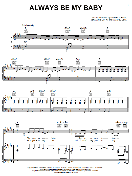 Preview Mariah Carey Always Be My Baby Pop sheet music, notes and chords for Piano, Vocal & Guitar (Right-Hand Melody), SKU: 16294 sheet music, piano notes, chords, guitar tabs, score, transpose, transcribe, how to play, guide, download, learn, tutorial, progression, song, artist, awards, billboard, mtv, vh1, tour, single, album, release