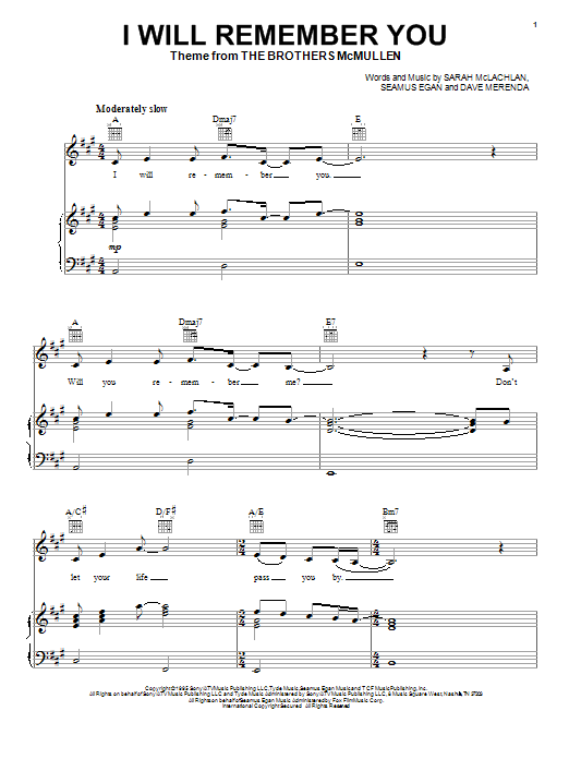 Preview Sarah McLachlan I Will Remember You Film and TV sheet music, notes and chords for Piano, Vocal & Guitar (Right-Hand Melody), SKU: 16295 sheet music, piano notes, chords, guitar tabs, score, transpose, transcribe, how to play, guide, download, learn, tutorial, progression, song, artist, awards, billboard, mtv, vh1, tour, single, album, release