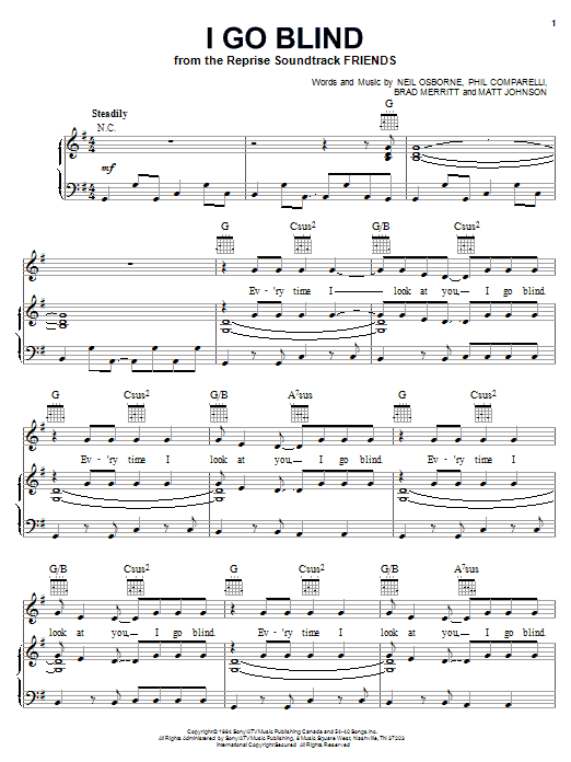Preview Hootie & The Blowfish I Go Blind Rock sheet music, notes and chords for Piano, Vocal & Guitar (Right-Hand Melody), SKU: 16296 sheet music, piano notes, chords, guitar tabs, score, transpose, transcribe, how to play, guide, download, learn, tutorial, progression, song, artist, awards, billboard, mtv, vh1, tour, single, album, release
