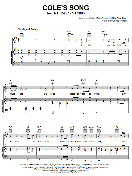 Preview Julian Lennon Cole's Song (from Mr Holland's Opus) Pop sheet music, notes and chords for Piano, Vocal & Guitar (Right-Hand Melody), SKU: 16297 sheet music, piano notes, chords, guitar tabs, score, transpose, transcribe, how to play, guide, download, learn, tutorial, progression, song, artist, awards, billboard, mtv, vh1, tour, single, album, release