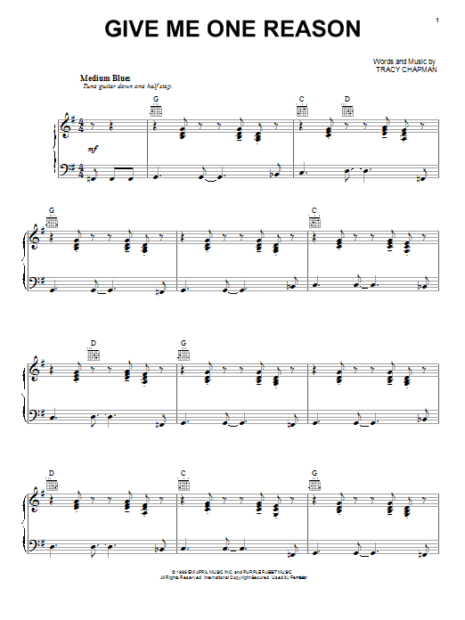 Preview Tracy Chapman Give Me One Reason Pop sheet music, notes and chords for Piano, Vocal & Guitar (Right-Hand Melody), SKU: 16302 sheet music, piano notes, chords, guitar tabs, score, transpose, transcribe, how to play, guide, download, learn, tutorial, progression, song, artist, awards, billboard, mtv, vh1, tour, single, album, release