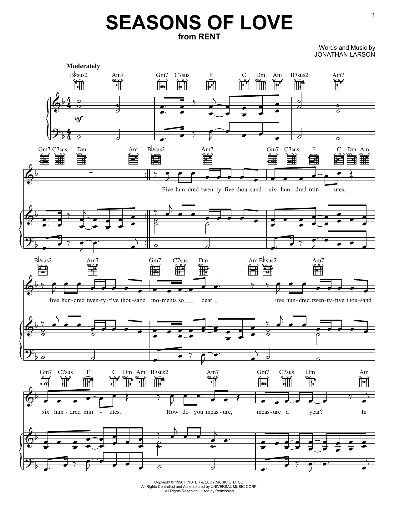 Preview Jonathan Larson Seasons Of Love Film and TV sheet music, notes and chords for Piano, Vocal & Guitar (Right-Hand Melody), SKU: 16307 sheet music, piano notes, chords, guitar tabs, score, transpose, transcribe, how to play, guide, download, learn, tutorial, progression, song, artist, awards, billboard, mtv, vh1, tour, single, album, release