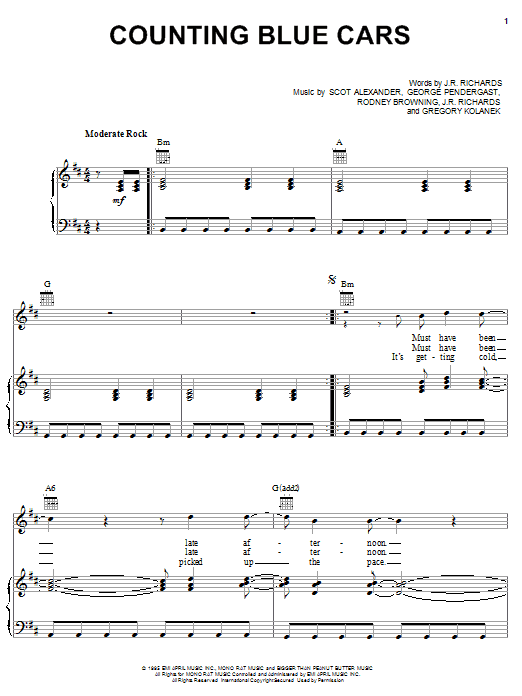 Preview Dishwalla Counting Blue Cars Rock sheet music, notes and chords for Piano, Vocal & Guitar (Right-Hand Melody), SKU: 16308 sheet music, piano notes, chords, guitar tabs, score, transpose, transcribe, how to play, guide, download, learn, tutorial, progression, song, artist, awards, billboard, mtv, vh1, tour, single, album, release