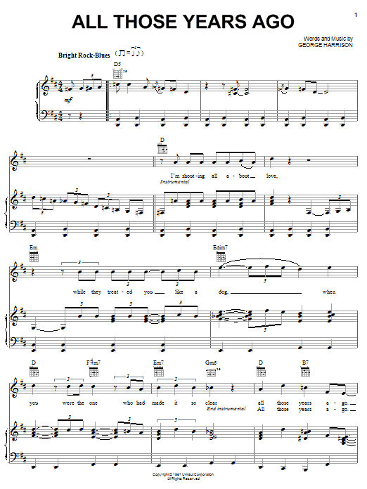 Preview George Harrison All Those Years Ago Rock sheet music, notes and chords for Piano, Vocal & Guitar (Right-Hand Melody), SKU: 16311 sheet music, piano notes, chords, guitar tabs, score, transpose, transcribe, how to play, guide, download, learn, tutorial, progression, song, artist, awards, billboard, mtv, vh1, tour, single, album, release