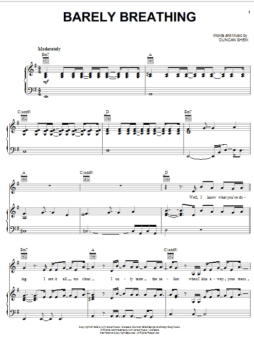 Preview Duncan Sheik Barely Breathing Rock sheet music, notes and chords for Piano, Vocal & Guitar (Right-Hand Melody), SKU: 16312 sheet music, piano notes, chords, guitar tabs, score, transpose, transcribe, how to play, guide, download, learn, tutorial, progression, song, artist, awards, billboard, mtv, vh1, tour, single, album, release