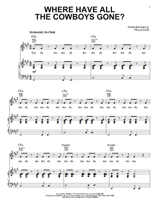 Preview Paula Cole Where Have All The Cowboys Gone? Pop sheet music, notes and chords for Piano, Vocal & Guitar (Right-Hand Melody), SKU: 16315 sheet music, piano notes, chords, guitar tabs, score, transpose, transcribe, how to play, guide, download, learn, tutorial, progression, song, artist, awards, billboard, mtv, vh1, tour, single, album, release